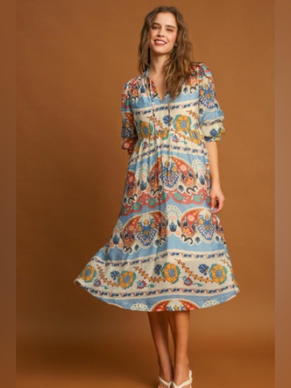 Umgee Border Print Midi Dress in Blue Mix NWT M